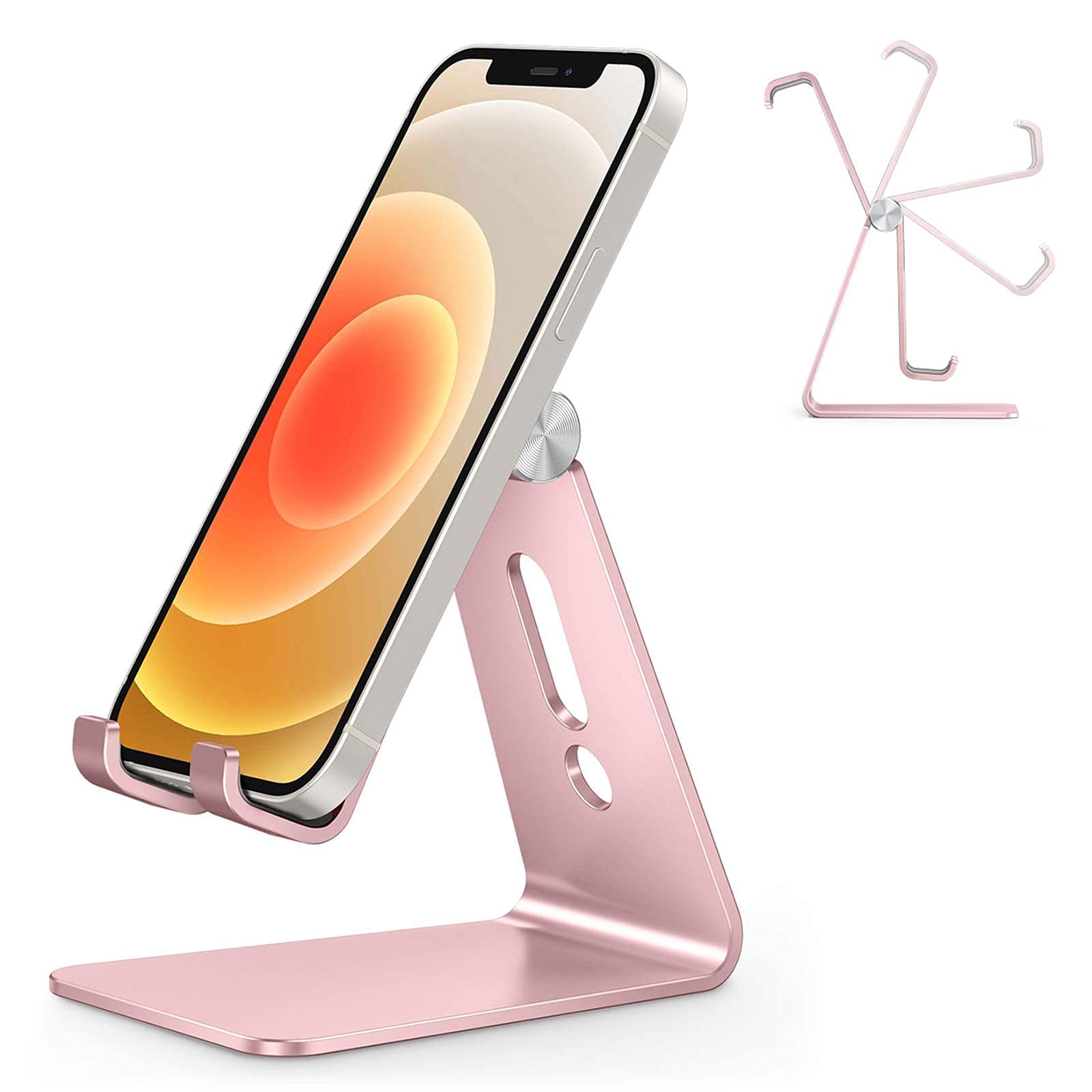 Adjustable Cell Phone Stand, OMOTON Aluminum Desktop Cellphone Stand with Anti-Slip Base and Convenient Charging Port, Fits All Smart Phones, Silver